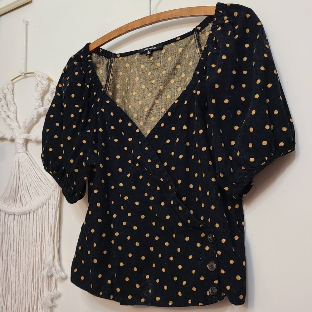 ☆ SOLD ☆ Madewell Corduroy Puff-Sleeve Wrap Top in Oval Dot - Picture 8 of 11
